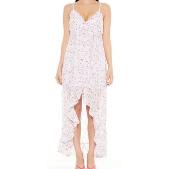 NEW Ditsy Floral High-Low Maxi Dress With Spaghetti Straps & Ruffle Hem, Size L‎ - Picture 1 of 16